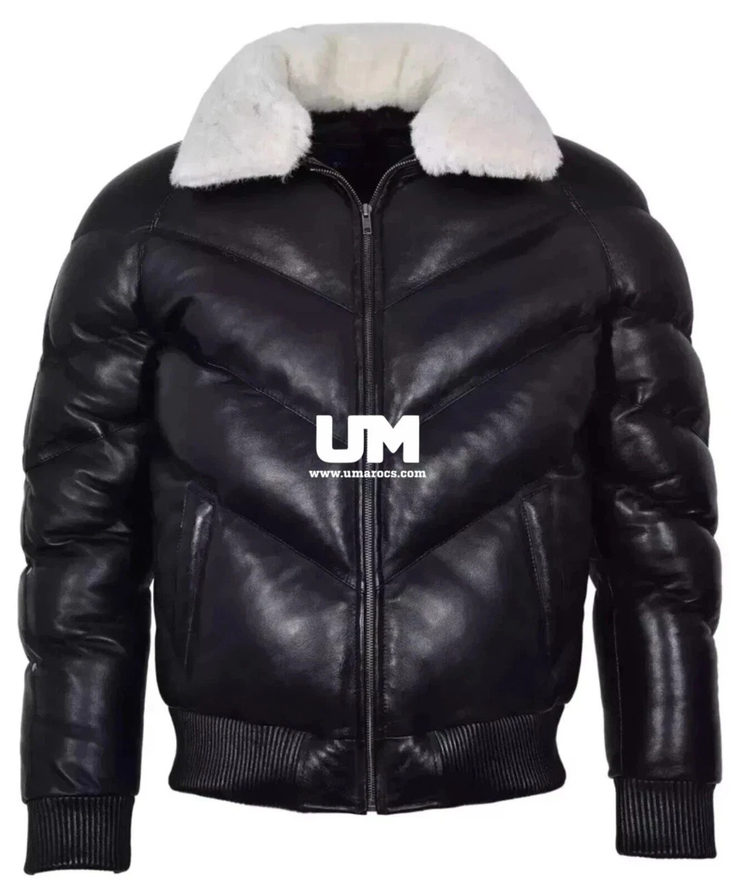 Men Black Leather Puffer Jacket with White Fur Collar Winter Bomber