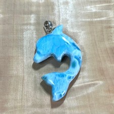 Dolphin Larimar Pendant Necklace Silver 925 2.2" Natural Ocean Blue Unused