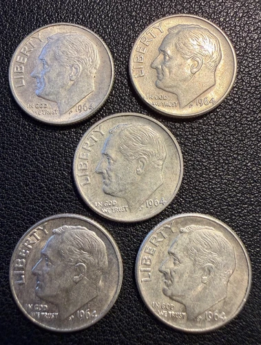 LOT X 5 AU Roosevelt Dimes 1964-D 90% FINE Silver Stacker Coin Collector #102