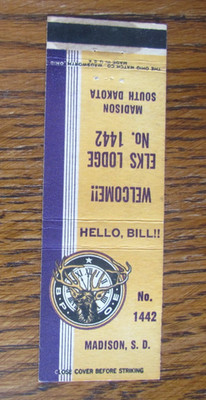 ELKS CLUB LODGE #1442 MATCHBOOK COVER: MADISON, SD EMPTY MATCHCOVER -M9