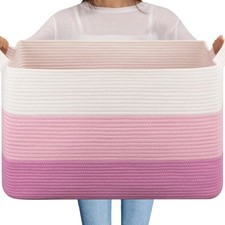 Extra Large Blanket Basket 95L Cotton Rope Woven Laundry Toy Bin Pink 24x17x14
