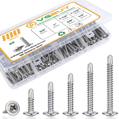 180Pcs #8 Sheet Metal Screws Assortment Kit, 410 Stainless Steel Self Tapping Sc