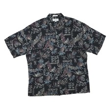 MARIO FERRARI Noir Hommes Chemise Hawaïenne XL Tropical Feuille Imprimé Manche