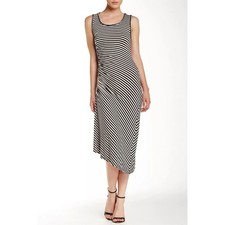 MAX STUDIO L Ruched Asymmetrical Black White Stripe Knit Midi Dress Sleeveless