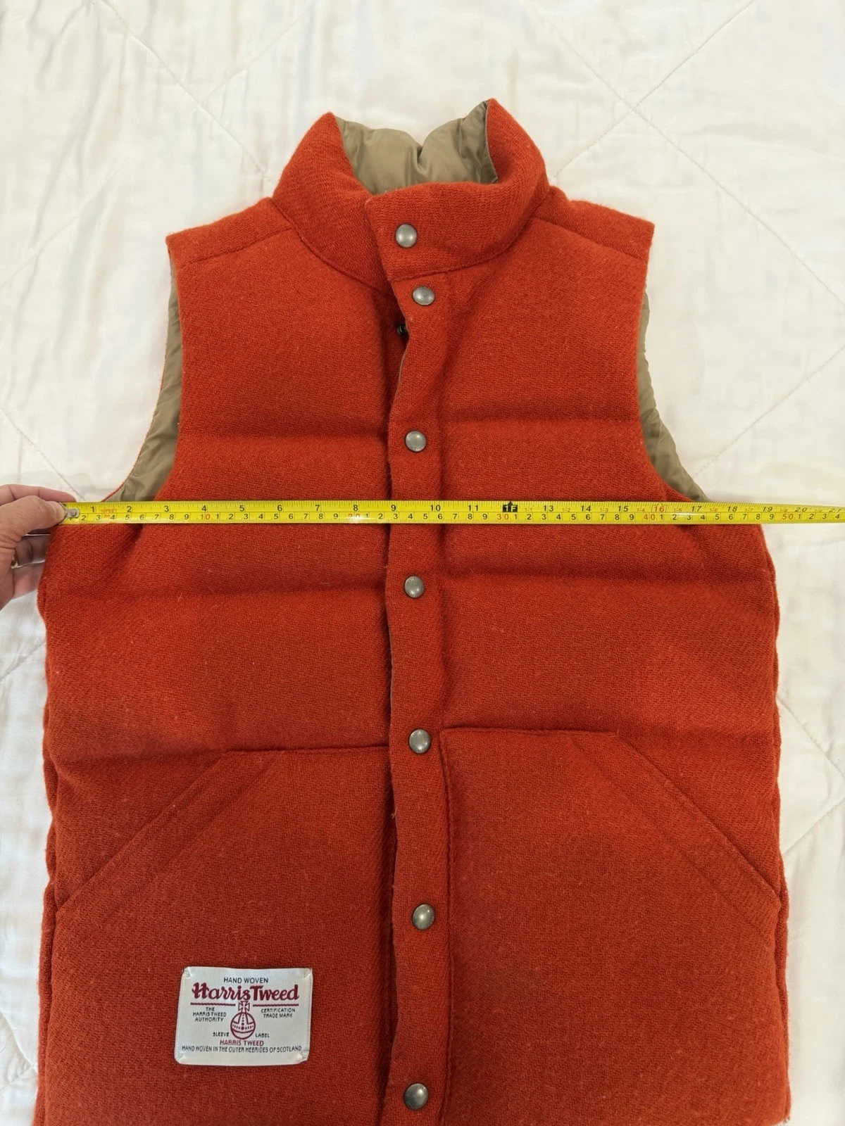 Beams Harris Tweed Puffer Vest Reversible Orange/Khaki Small - product detail image 6