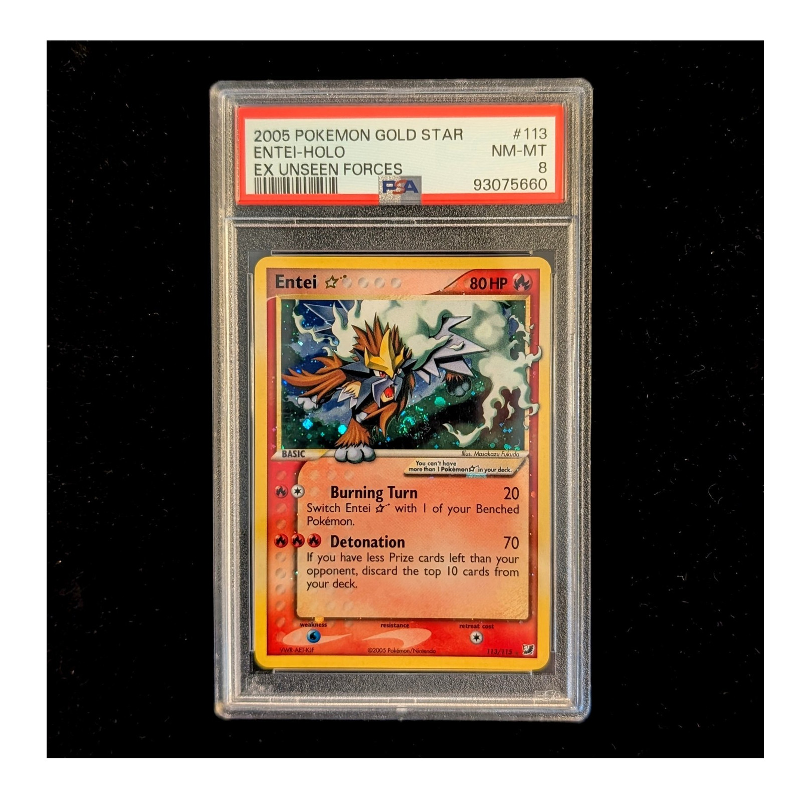 Pokémon Gold Star Entei EX Unseen Forces Holo 113/115 | PSA 8
