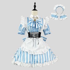 Sweet Blue Striped Maid Dress Japanese Cosplay Outfit w/ White Apron S-5XL