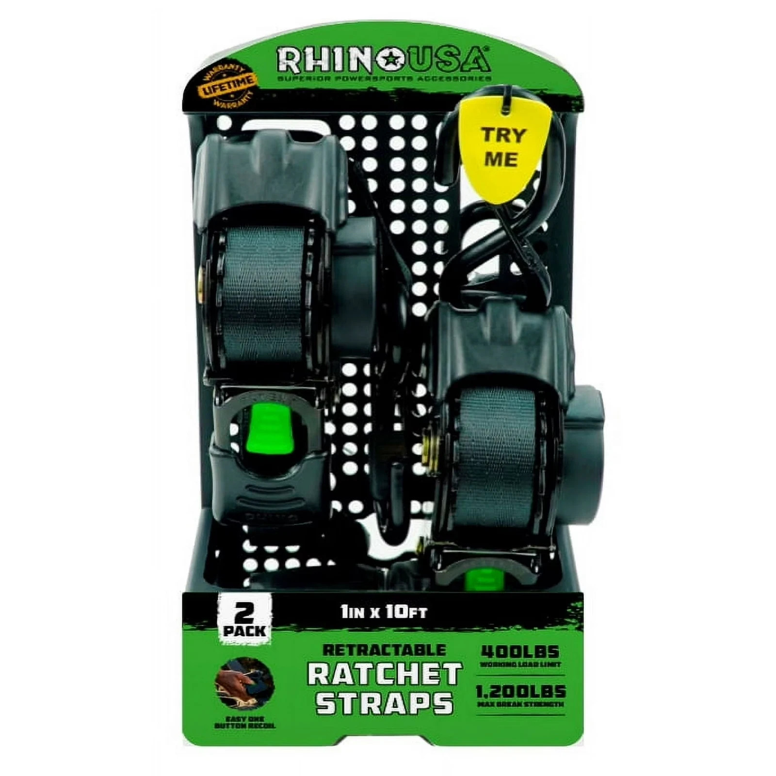 Rhino USA 1in x 10ft Retractable Ratchet Straps, 2 Pack – 403lbs Load Limit, 6lb