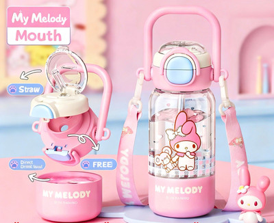 Sanrio My Melody Kids Pink Clear Water Bottle 520ml Straw Push Button Lid Strap