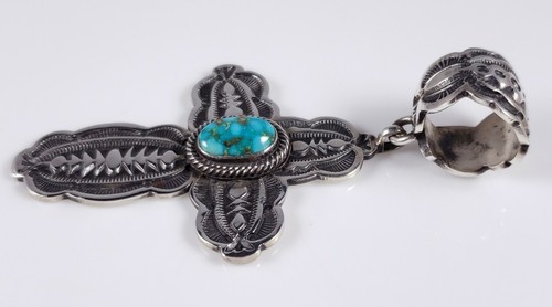 Terry Martinez Navajo Sterling Silver Cross Pendant Kingman Turquoise Handmade - Picture 5 of 8