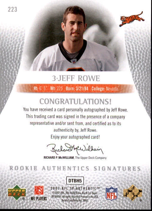 B0364- 2007 SP Authentic #223 Jeff Rowe RC Auto /1199 - NM-MT - Image 2 of 2