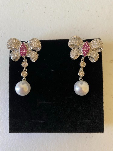 24K Gold Plated Cubic Zirconia CZ Purple Butterfly Pearl Earrings - Picture 2 of 3