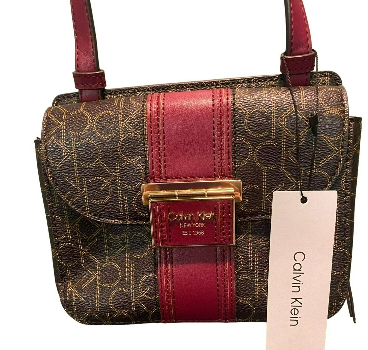 Calvin Klein Signature Brown Logo Print and Red Accent Crossbody