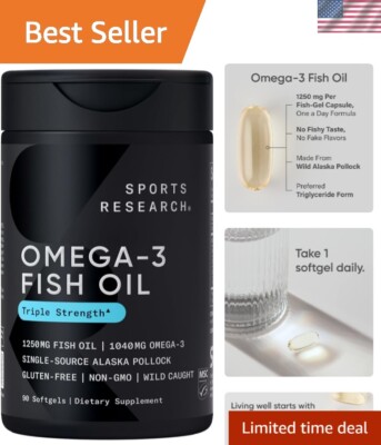 Triple Strength Omega-3 Fish Oil from Wild Alaska Pollock - 90 Burpless Softgels