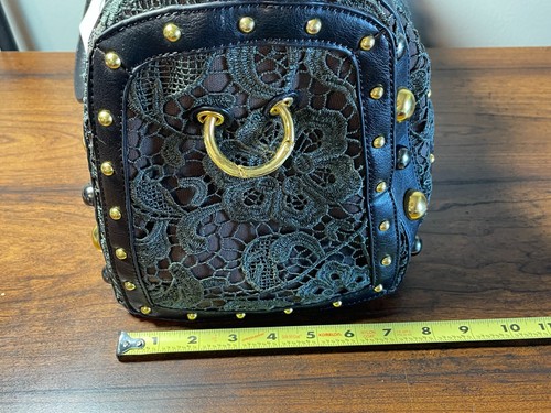 NWT Big Buddha Black Satchel Green Lace Handbag Purse Gold Beads Tassel Vintage - Picture 10 of 20