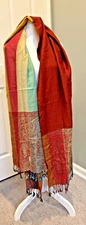 VTG 100% PASHMINA INDIA BRILLIANT COLORS PAISLEY STRIPES  80 X 30" SUBSTANTIAL