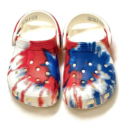 tie dye red white and blue crocs