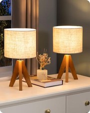 EDISHINE Small Table Lamp, Wooden Tripod Bedside Lamp with Linen Fabric Lamps...