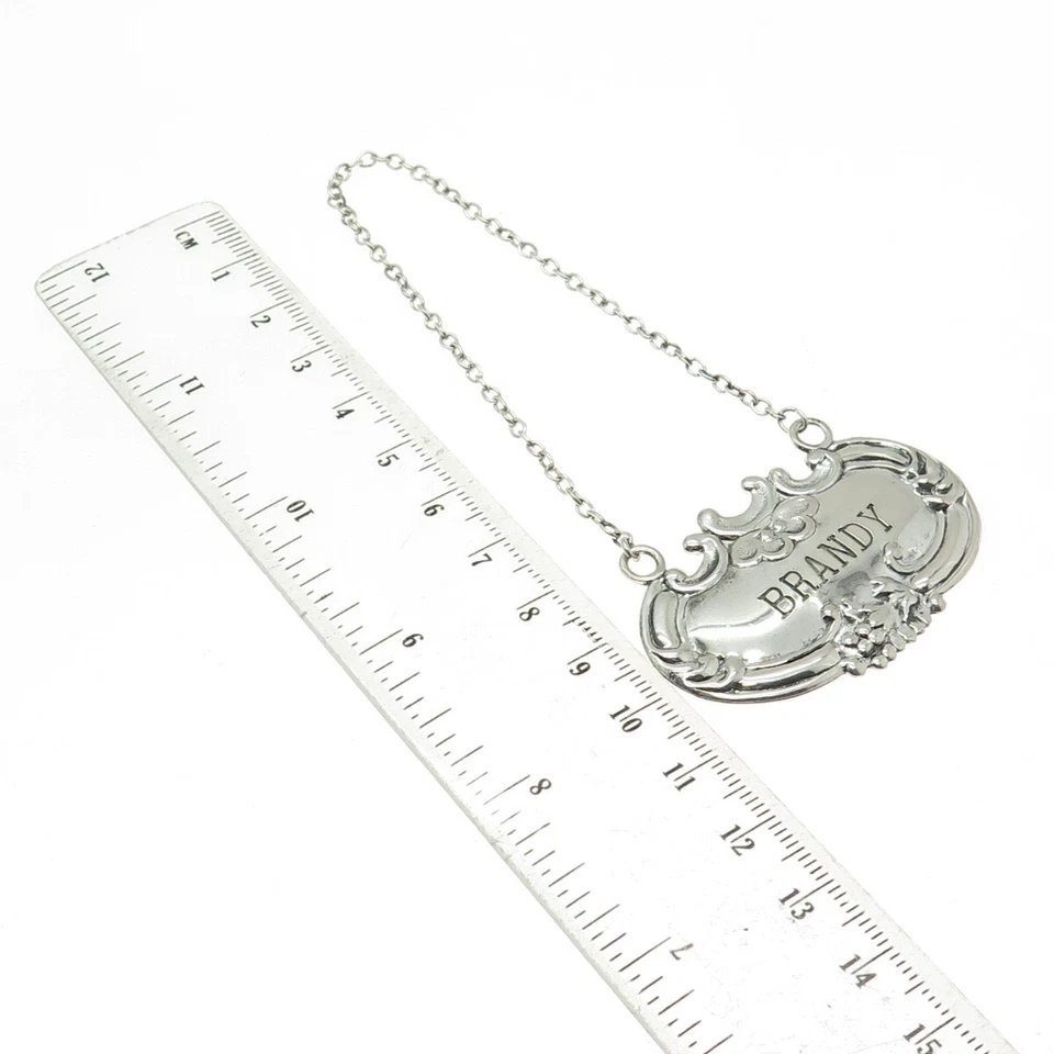 Etiqueta de botella "Brandy" antigua Art Deco de plata de ley 925 WALLACE Foto 3 de 4