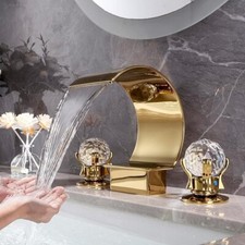 Gold Bathroom Sink Faucet Widespread 3 Hole 8 Inch Vanity Dual Handle Crystal