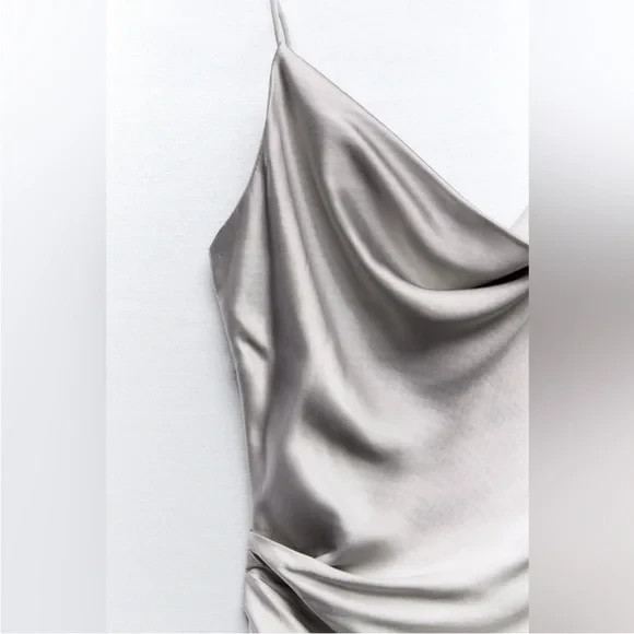 satin effect midi dress zara ASYMMETRIC SLEEVE SATIN EFFECT MIDI DRESS - Mid-camel