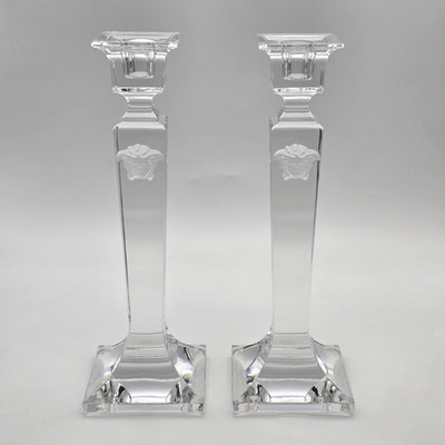 Versace Rosenthal Medusa Head Crystal Glass Candle Stick Holders - Set of 2
