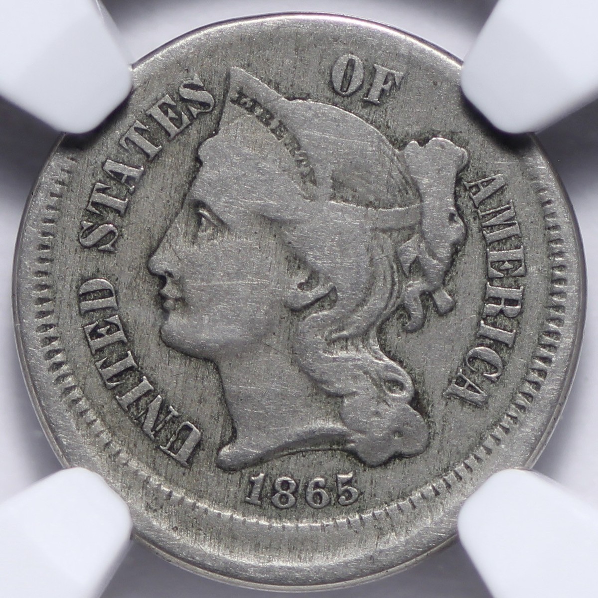 ねね 1865 Three 3 Cent Nickel Piece MINT ERROR Broadstruck NGC VG8
