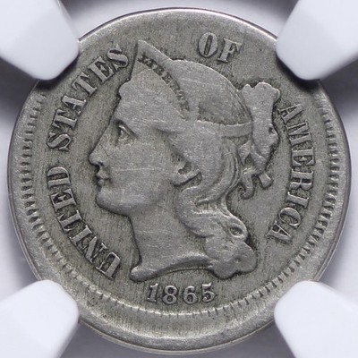 1865 Three 3 Cent Nickel Piece MINT ERROR Broadstruck NGC VG8