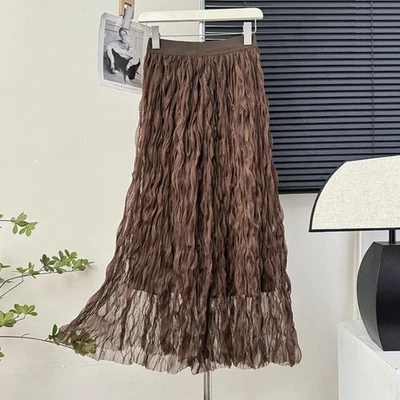 Damen A-Linien Rock Elastischer Hoher Bund Plissee Midi Casual Weiß Schwarz - Bild 1 von 4