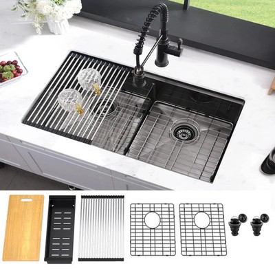 32'' Black Kitchen Sink Double Bowl Sink 32''x19'' Stainless Steel Workstation Sink