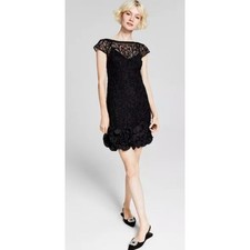 Guess Embroidered Lace Overlay Short Sleeve Cocktail Sheath Dress Black Size 10