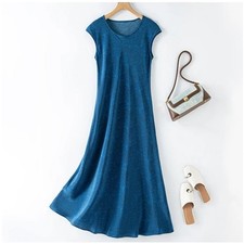 100% Mulberry Silk Sea Blue Cap Sleeve Cinched Waist Women Midi Dress FF089
