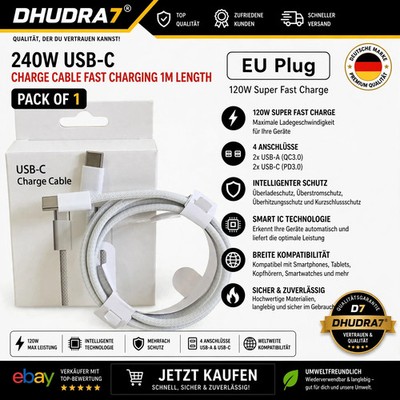 240W USB-C to USB-C Fast Charging Cable 1M Braided Nylon PD Charger Cord