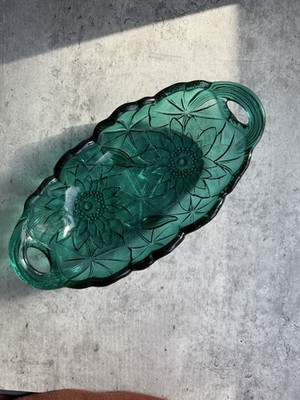 Oval Indiana Glass Lily Pons Floral Blue Green Glass 9.5  Relish Pickle Dish