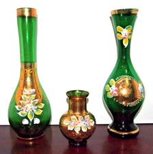 Lot/3 Czech/Bohemiam Hand-blown Emerald Glass Bud Vases-With 24kt Gold & Enamel