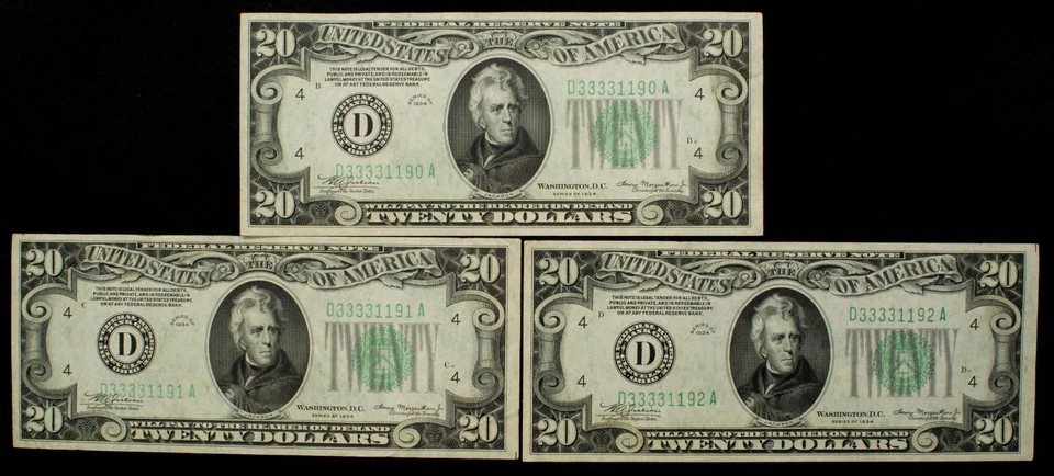 FR 2054aDm $20 1934 Federal Reserve MULE - 5 Consecutive Notes AU - SKU-CA1579 - Image 3 of 4