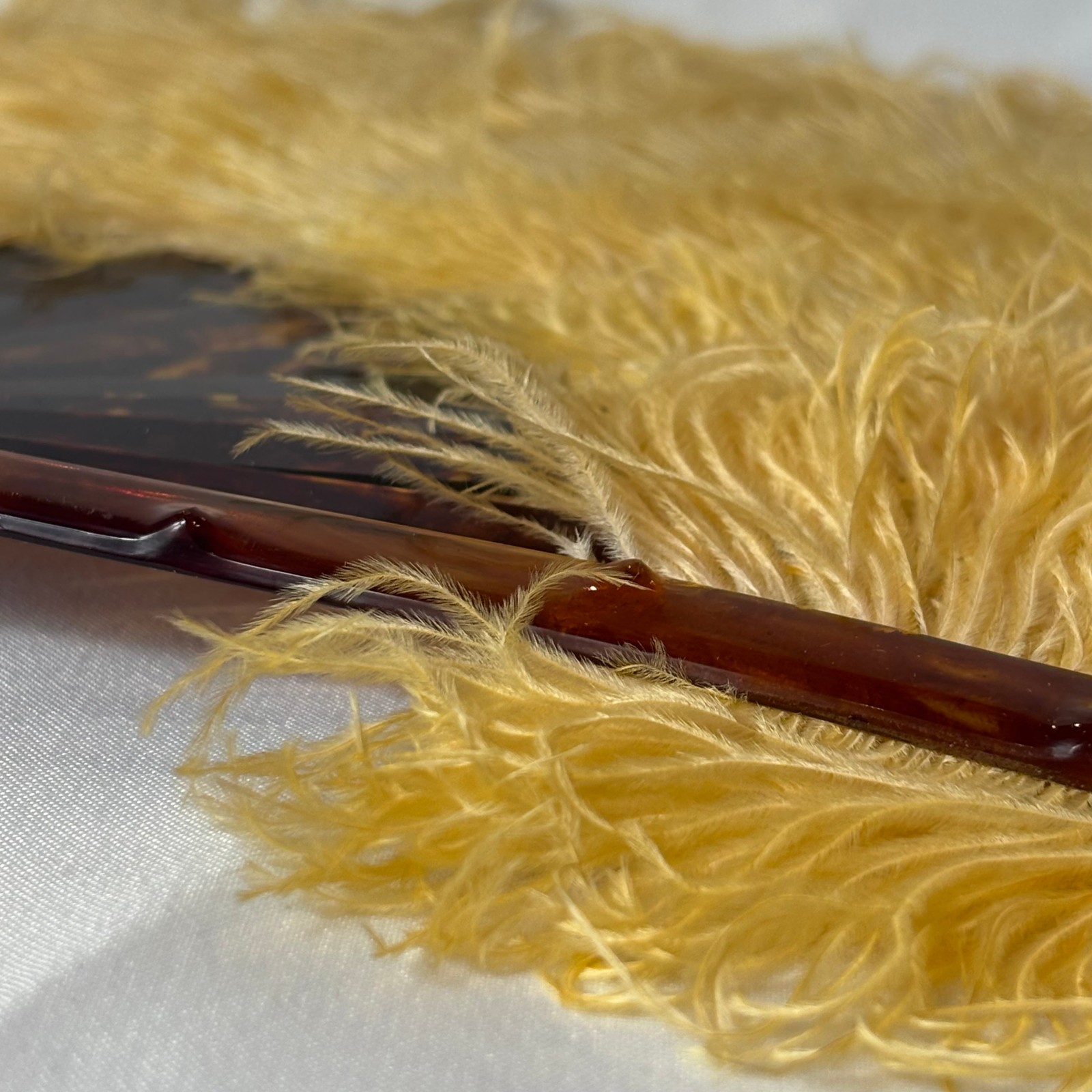 Antique Ostrich Feather Fan Dyed Yellow Shell Shaped Faux Tortoiseshell Sticks