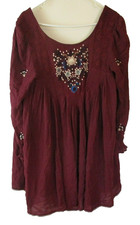 FREE PEOPLE women's Dress M embroidery over sized above knee long sleeve maroon