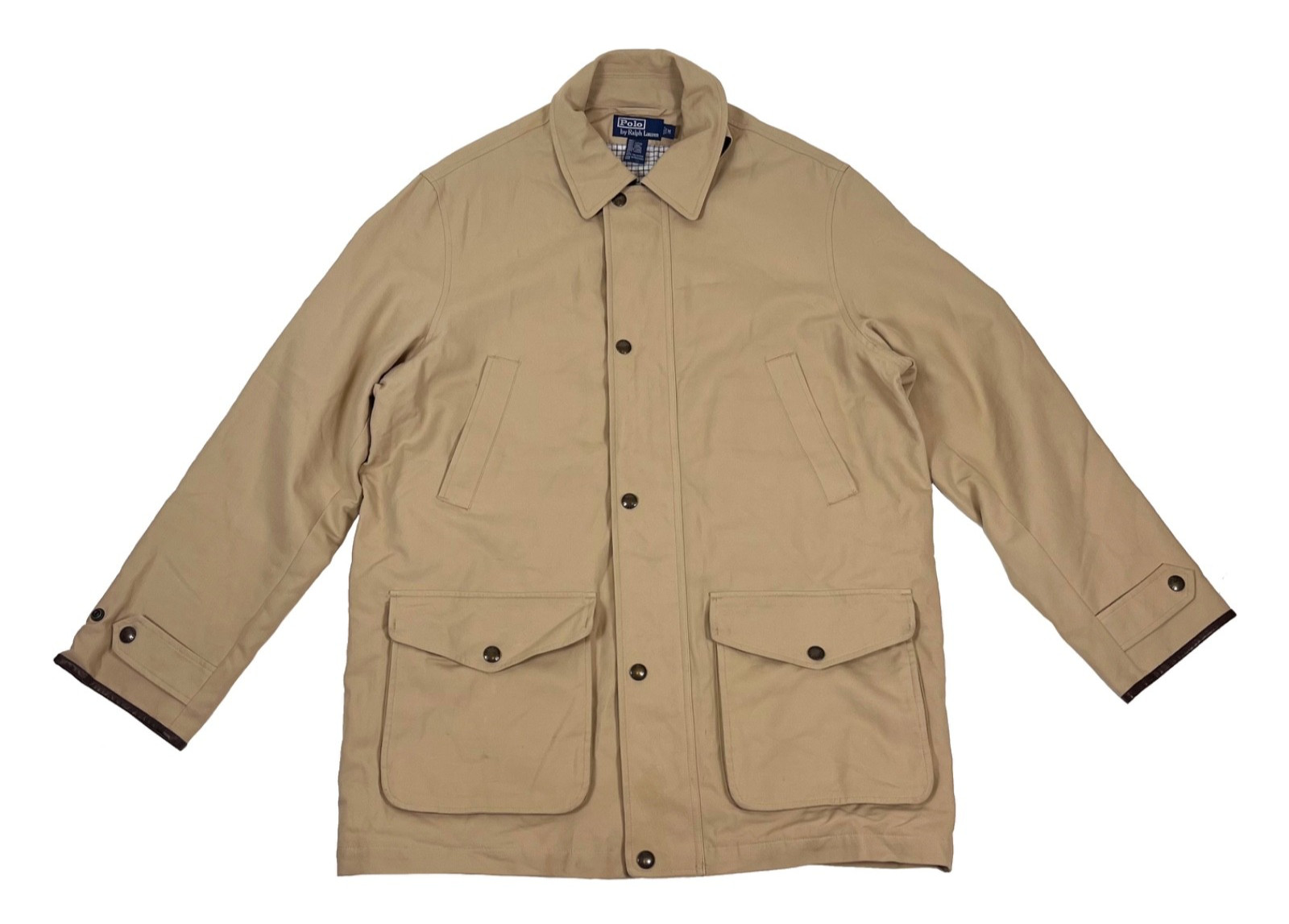 VTG Polo Ralph Lauren Beige Plaid Lined Jacket Chore Coat Leather Trim Medium