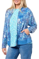 DG2 by Diane Gilman Women's Printed Sequin Bomber Jacket Blue