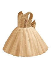 Gold Flower Girl Dress Tulle Pearls Bow Sequin Elegant Wedding Party 8T
