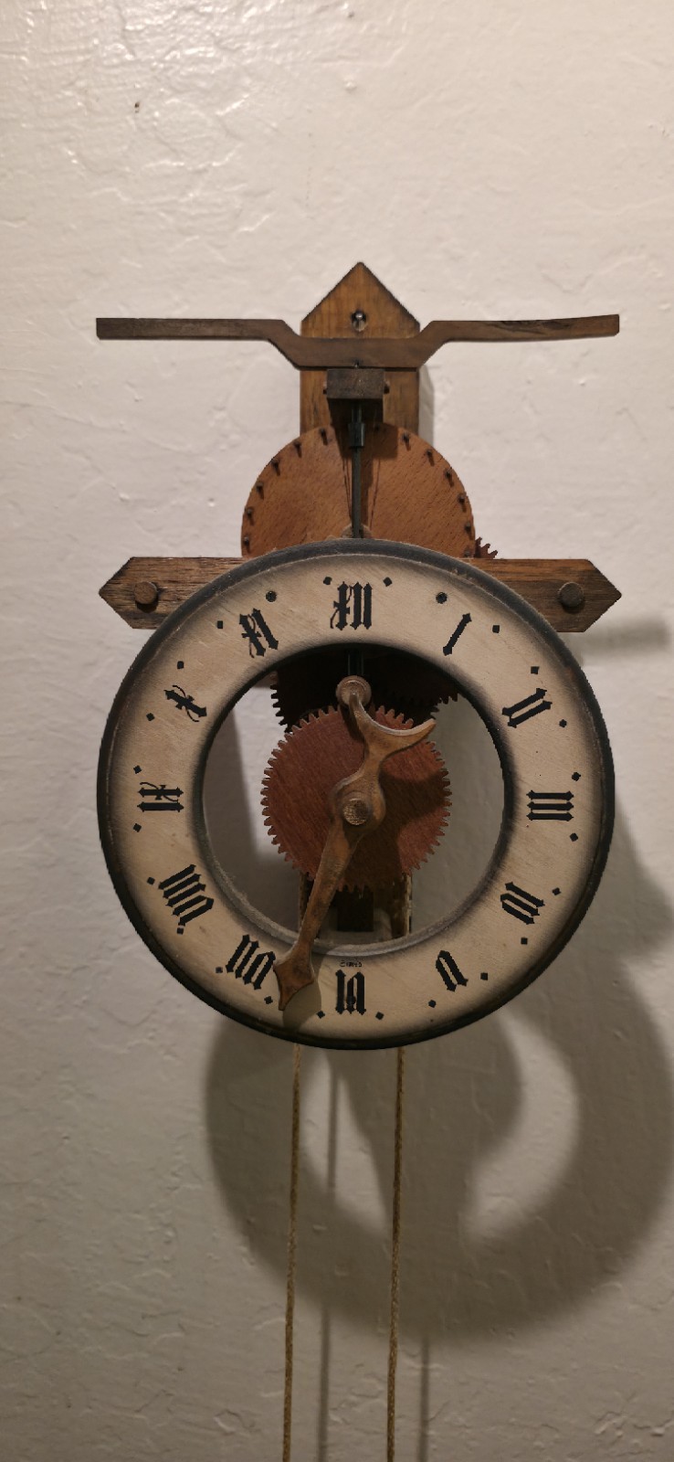 Vintage Swiss Baumann Wooden Skeleton Wall Clock – Diepoldsau, Switzerland