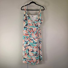 Nine West Tropical Floral Wrap Dress XXL Coral Teal Sleeveless Knee Length