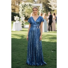 MAC DUGGAL DRESS 10 GOWN BLUE SEQUIN WEDDING GUEST MOTHER OF THE BRIDE EVENING