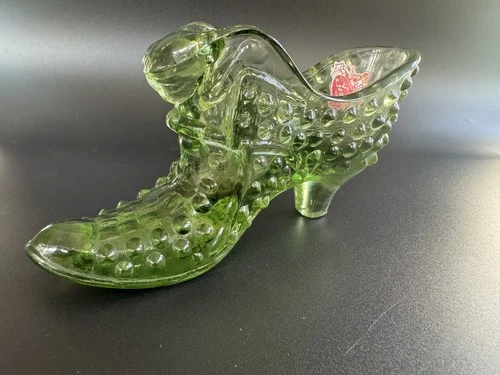 Vintage Fenton Olive Green Hobnail Cat Head Shoe • Slipper Heel Boot • w/ Label