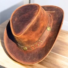 Brown Leather Cowboy Hat with Concho Band Western Outback Wide Brim