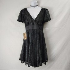 NEW Vtg Betsey Johnson New York 90s Black Floral Lace Mesh Pleated Midi Dress