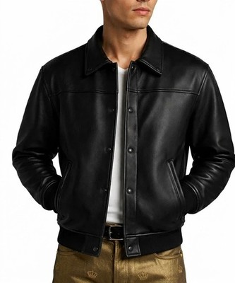 Men s Black Genuine Leather Bomber Jacket Classic Flight Style Real Leather