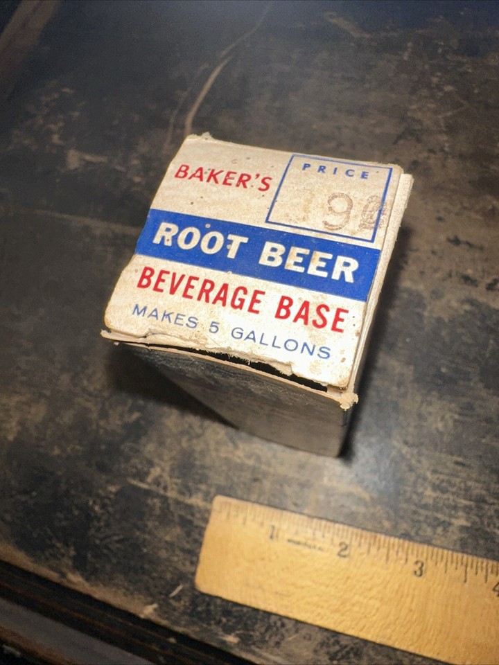 VINTAGE Bakers Root Beer Beverage Base ORIGINAL LABEL & Box Glass