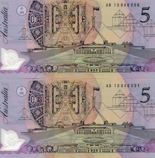 Australia R-214 1992 Fraser/Cole 5 Dollars PAIR NOTES UNC Pref AB 13 648050- 51 